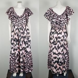 Maria Cher Pink Ikat Printed Dabir Smocked Bohemian Cotton Midi Dress Sz Medium